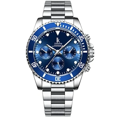 Image of Alienwork Automatic Watch Men Women Silver Stainless Steel Metal Strap Calendar Date Navy Blue Multi Function Glass Bottom