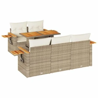Image of vidaXL 6 Piece Garden Sofa Set with Cushions Beige Poly Rattan Acacia