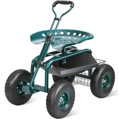 Image of VEVOR Garden Cart Rolling Workseat with Wheels, Gardening Stool for Planting, 360 Degree Swivel Seat, Wagon Scooter Steering Handle &amp; Utility Tool Tray, Use Patio, Yard, and Outdoors, Green