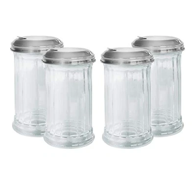 Image of Lucenté Set of 4 Sugar Dispensers Stylish Retro Glass &amp; Stainless Steel Pourers with Functional Flip Top Opening 13.5cm (H) x 7.5cm (W) Suitable for Domestic Commercial Settings.