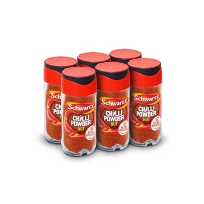 Image of Schwartz Hot Chilli Powder 38 G, Jar, Pack of 6, Expertly Blended, with Pepper, Cumin, Oregano, and Garlic, Perfect for Tacos, Fajitas, Con Carne &amp; Mexican Dishes