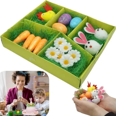 Image of SRV Hub 16 PCS Easter Bonnet Decorating Set Making Kit Decoration Accessory Carrots Bunny Daisy Glitter Eggs Grass Chicks
