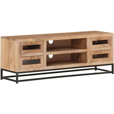 Image of vidaXL Solid Acacia Wood TV Cabinet Brown Retro Style Media Unit with Spacious Storage, Drawers and Open Compartments Rounded Edges
