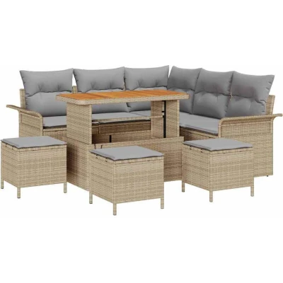 Image of vidaXL 9 Piece Garden Sofa Set with Cushions Beige Poly Rattan Acacia