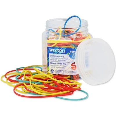 Image of Westcott rubber bands 80g Ca. 170 Colourful rings in various sizes a handy plastic container Storage pack of household ⌀ 60mm, 50mm &amp; 38mm E 10581 00