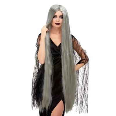 Image of Smiffys Witch Wig Extra Long, Grey 120cm Halloween Fancy Dress Accessory, Up Wigs