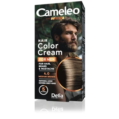 Image of Cameleo Men Permanent Hair Dye Medium Brown Colour for Beard &amp; Moustache Natural Effect in 5 Minutes Cover Grey Ammonia FREE 30ml