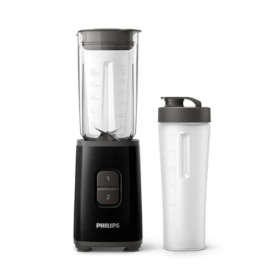 Image of Philips Daily Collection Mini Blender and Smoothie Maker, 350W, 1L Jug, On the go Tumbler, Dishwasher Safe, Recipe App, 2 Speeds, Ice Crush, Quick Clean, Deep Black (HR2602/91)