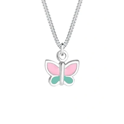 Image of Elli Children&#039;s 925 Sterling Silver Pink Green Girls Butterfly Pendant with Necklace of Length 36 cm