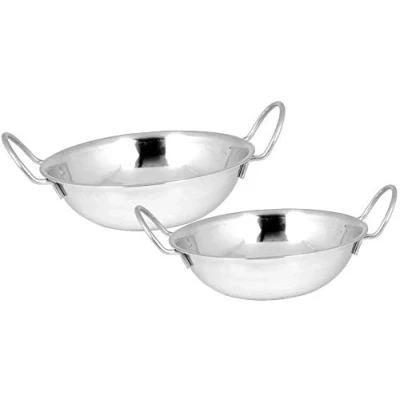 Image of Kosma Set of 2 Stainless Steel Serving Balti Dishes 19cm Metal Bowl with Handle Indian Dish