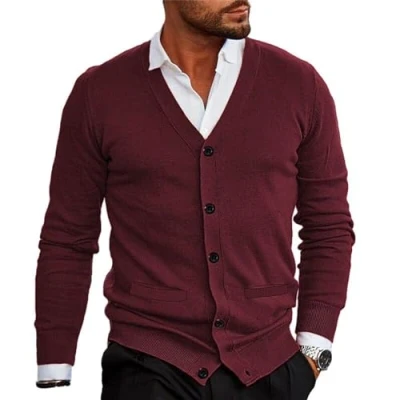 Image of WESBR Mens Knit Jumper Thin Cut Knitwear Men Fine Cardigan V Neck Button Placket Knitted Jacket Casual Long Sleeve C Wine Red S