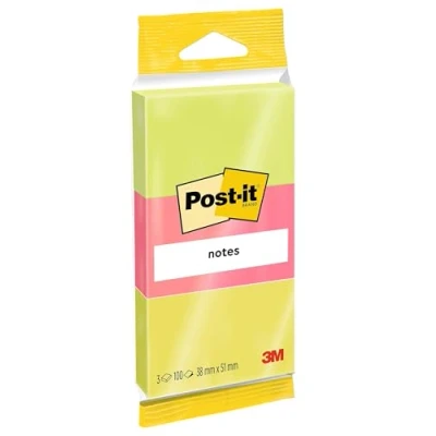 Image of Post it Notes 38 mm x 51 Hangable Flow, Neon Colours Yellow, Pink, Green Pack of 3 Pads 100 Sheets Per Pad