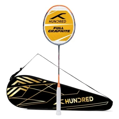 Image of HUNDRED Powertek 1000 PRO Graphite Strung Badminton Racquet with Full Racket Cover For Intermediate Players 95 grams Maximum String Tension 26lbs (Navy/Orange)