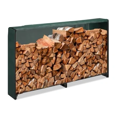 Image of Relaxdays Firewood Rack with Cover, for Wood from 25 cm, Wooden Log Shelf, Iron, HxWxD: 110 x 200 29 Black/Green, 111 202 30 cm