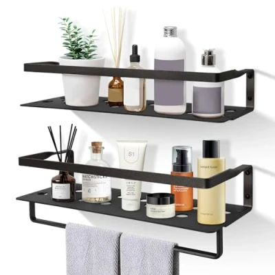Image of Uten Floating shelves Space Aluminum Wall Mounted Set of 2, Hanging for Bedroom, Kitchen, Bathroom, Living Room, Home Office, Black
