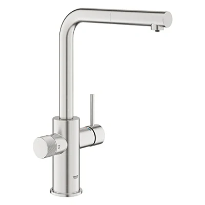 Image of GROHE Blue Pure Minta Kitchen Sink Mixer Tap for Filtered Water (High L Shaped 360 Swivel Spout with Pull Out Function, Split Inner Ways, Tails 3/8 Inch, Easy to Fit), Stainless Steel, 30601DC0