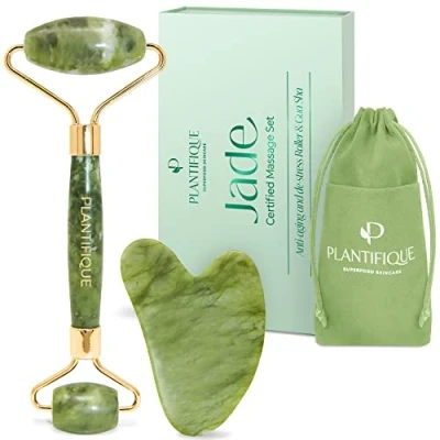 Image of Plantifique Jade Roller and Gua Sha Set Face Stone Anti Aging Rollers for Women &amp; Men GuaSha Tool Massager Skincare Facial Beauty Products