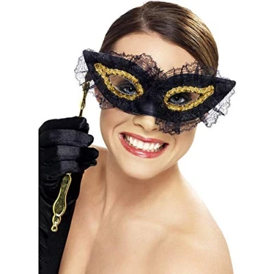 Image of Smiffys Fastidious Eyemask, Black on Stick with Lace Trim, Eyemasks Fancy Dress, Adult Dress Up Eye masks
