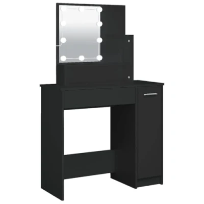 Image of vidaXL Modern Asymmetrical Dressing Table with LED Lighting and Ample Storage Space, Sturdy Engineered Wood Material Black