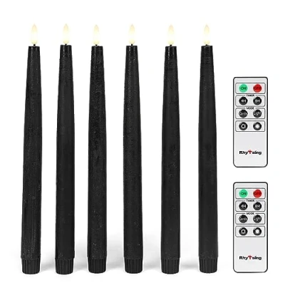 Image of Rhytsing 29cm Black Flameless Taper Candles with Timer Function, Battery Operated Led Candlesticks Rustic Wax for Halloween, 2 Remotes Included Set of 6