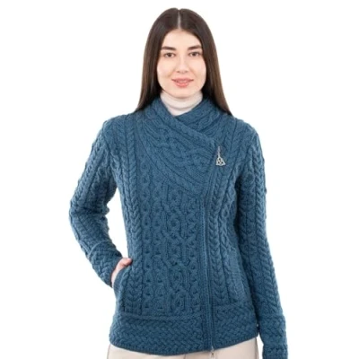 Image of SAOL Irish Cardigan for Women Made of 100% Merino Wool Ireland Sweater Cable Knit Zip Jacket, Teal, Medium