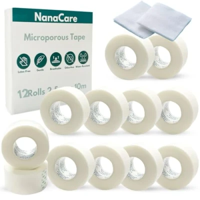 Image of NanaCare Microporous Surgical Tape 2.5cm x 10m + 10pc Medical Gauze Pads 12 Rolls Micropore for Skin, Dressings and Face First Aid Suitable Sensitive Skin