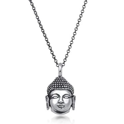 Image of Kuzzoi Exclusive Men&#039;s Necklace Oxidised Blackened with Buddha Head Pendant (16 mm) in Vintage Look, Solid Chain for Man and Friend, Buddhist Made of 925 Sterling Silver, Length 60 cm,