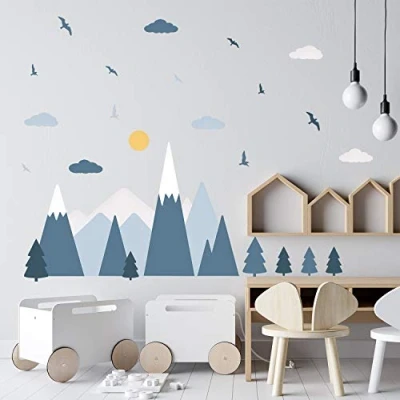 Image of WALPLUS Blue Mountain Landscape Wall Stickers Nursery Removable Self Adhesive Mural Art Decals Vinyl Home Decoration DIY Living Bedroom Decor Wallpaper Kids Room Gift Stick on