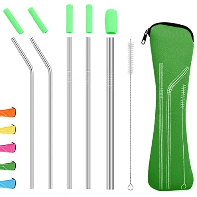 Image of Uoking Metal Straws Set, Food Grade 304 Stainless Steel with Soft Silicone Tips for Smoothie and Hot/Cold Drinks, Storage Pouch Cleaning Brush Include