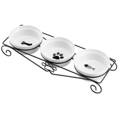 Image of Navaris Ceramic Pet Bowl Set Raised/Elevated Cat Bowls with Stand of Three 350ml (11.8oz) for Feeding Dogs or Cats