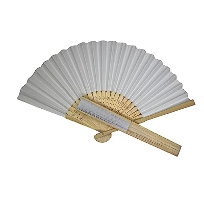 Image of Parev White Paper Foldable Hand Held Bamboo Wooden Fan
