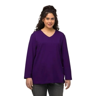 Image of Ulla Popken Women&#039;s Basic V Shirt, Long Sleeves Longsleeve T, Deep Purple, 24 26