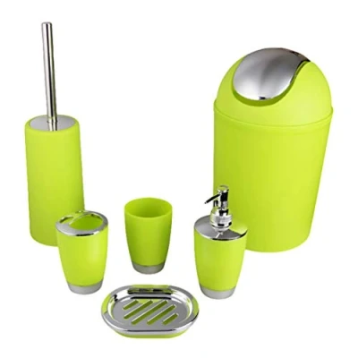 Image of MisFox 6 Pieces Bathroom Accessory Set, Modern Stylish Design Solid Color Toilet Accessories Set Include Lotion Dispenser, Trash Can, Toothbrush Holder, Tooth Mug, Brush &amp; Soap Dish Green