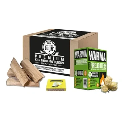 Image of 1 x Box of Oak Warma Pizza Blox Hardwood Kiln Dried Blocks Logs Fuel Firelighters &amp; Matches Suitable for Ooni Uuni Nero Dellonda Portable Ovens Outdoor Garden BBQ Fire Pit Wood Burner Stoves