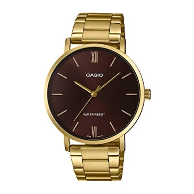 Image of Casio MTP VT01G 5B Men&#039;s Gold Tone Stainless Steel Minimalistic Burgundy Dial 3 Hand Analog Watch
