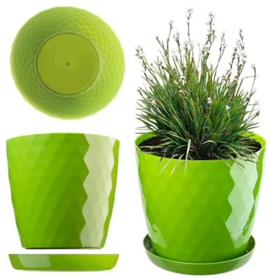 Image of KADAX Plastic Flower Pot, Durable Plant Pot with Saucer for Houseplants, Decorative Planter in Several Colours Indoor Use (Green, 12 cm)