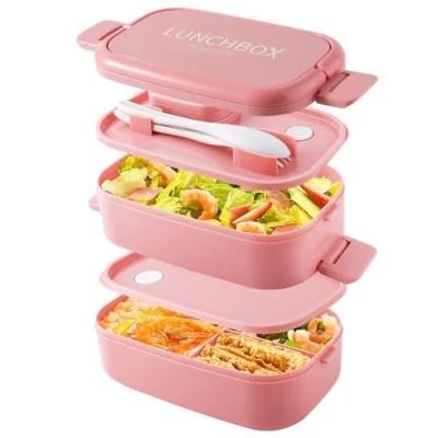Image of HENSHOW 2 Layer Lunch Box 1500ml Bento with Cutlery Set, Leak Proof Container Compartments for Adults Men Women, BPA Free, Microwave Safe, Pink