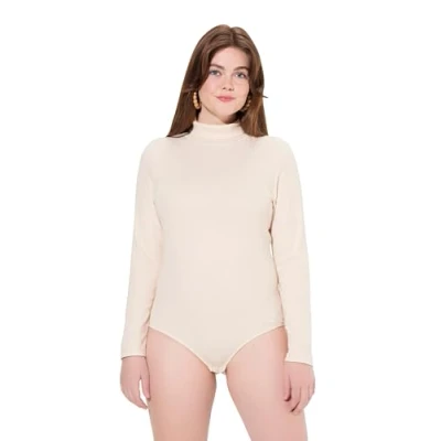 Image of Ulla Popken Womenswear Plus Size Curvy Eco Cotton Ribbed Knit Turtleneck Bodysuit Pearl White 54+ 831838650