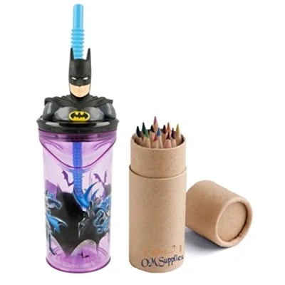 Image of OM SUPPLIES Batman 3D Figurine Cartoon Characters Reusable Tumbler Childrens Drinking Cup Straw 23 x 7.5 7.5cm Includes Half Size 12pcs Pencil Set (Batman)