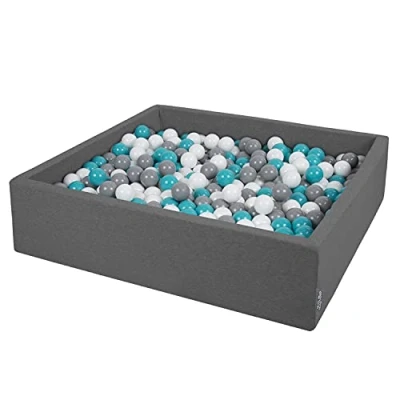 Image of KiddyMoon Soft Ball Pit Square 120X30cm/200 Balls ∅ 7Cm / 2.75In For Kids, Foam Pool Baby Playballs Children, Made In EU, Dark Grey:Grey White Turquoise