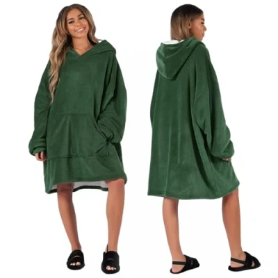Image of Sienna Hoodie Blanket Oversized Ultra Soft Plush Sherpa Fleece Wearable Warm Throw Cosy Giant Sweatshirt Forest Green