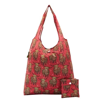 Image of ECO CHIC Lightweight Foldable Reusable Shopping Bag Water Resistant Tote (Highland Cow Red)