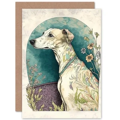 Image of Artery8 Whippet Dog with Flowers Modern Multicoloured Watercolour Illustration Art Birthday Sealed Greeting Card Plus Envelope Blank inside
