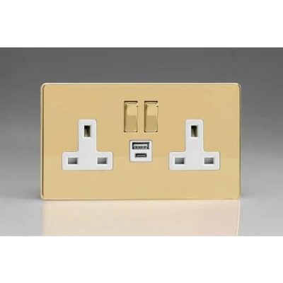 Image of Varilight Screwless Polished Brass 2 Gang 13A Single Pole Switched Socket with 1x USB A &amp; C Charging Ports White Inserts