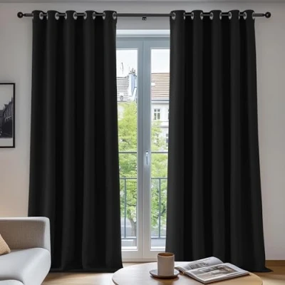 Image of Deconovo Blackout Curtains Eyelet Super Soft Thermal Insulated Window Treatment Ring Top for Livingroom 66 x 90 Drop Inch Black 2 Panels