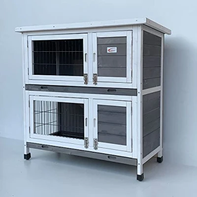Image of BUNNY BUSINESS Rabbit Guinea Pig Outdoor Hutch, Double Decker Hutches on legs (Grey)
