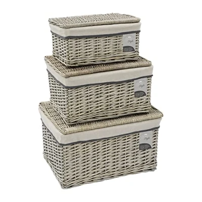 Image of JVL Arianna Rectangular Willow Hamper Basket, Set of 3, Grey Wash