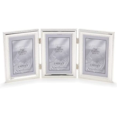 Image of Lawrence Frames Hinged Triple (Vertical) Metal Picture Frame Silver Plate with Delicate Beading, 4 by 6 Inch