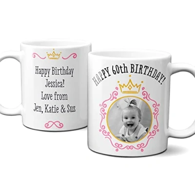 Image of Thoughtful Gifts Personalised Photo 60th Mug, Birthday Mug for 60 Year Old Woman, Cup Birthday, Gift Old. Add &amp; Special Message