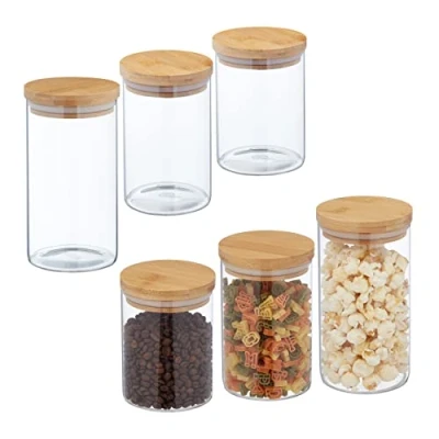 Image of Relaxdays Jars x6, Bamboo Airtight Lids, 650ml, 800ml &amp; 1l, Food Storage, Glass, Decorative, Transparent/Brown, 60% 30% 10% Silicone, Set of 6